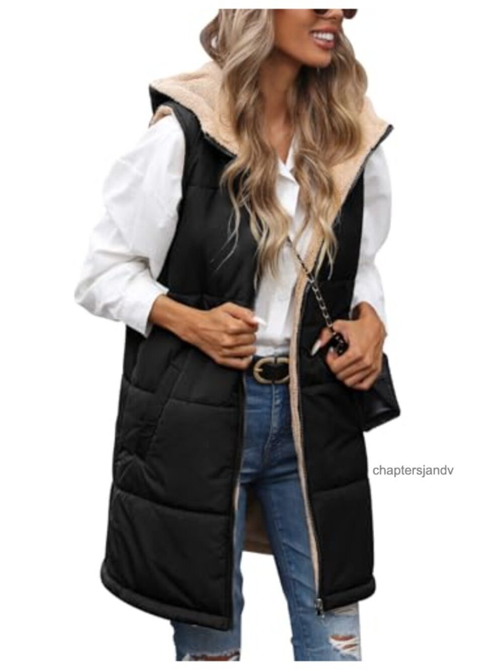 Womens Long Puffer Fleece Vest Reversible Zip Up Winter Warm Sleeveless